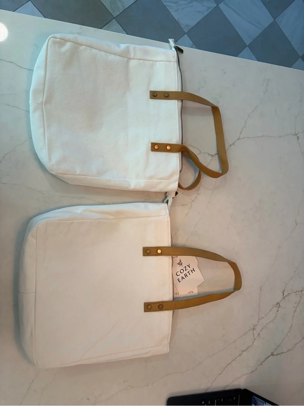 Set of Cozy Earth Cream Canvas Tote with Tan Handles